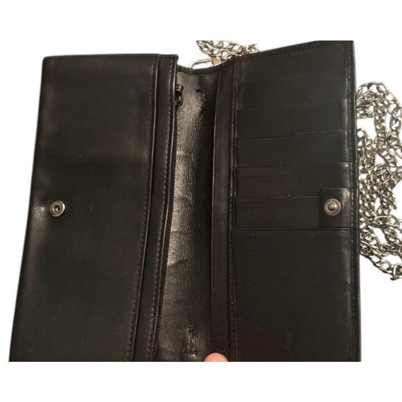 Gucci Bifold Long Wallet Black Leather With Silver Chain Strap Cocktail Party - Picture 4 of 16